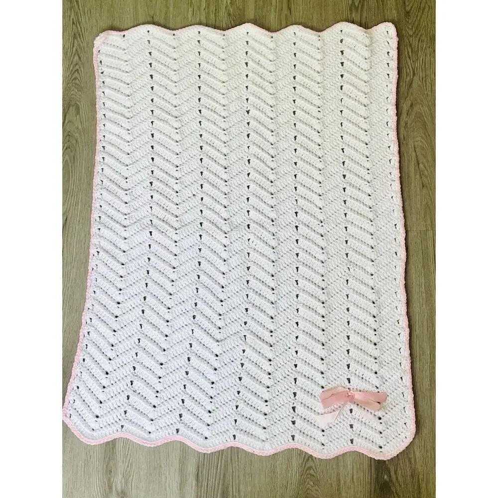 Vintage Crotchet Baby Crib Blanket Handmade White & Pastel Pink Satin Ribbon Bow